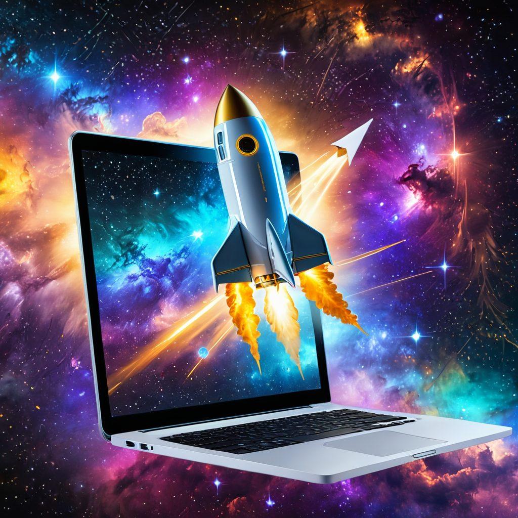 A futuristic scene showcasing a rocketship launching into cyberspace, symbolizing speed and security. The rocket is adorned with an envelope icon, indicating email communication. Below, a network of secure digital connections with golden locks represents security. The background is a vibrant galaxy with stars and nebulae, conveying the vast potential of web-based email. super-realistic. vibrant colors. space theme.