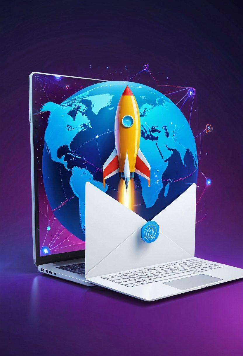 A futuristic email interface with sleek, modern design, featuring a rocket icon taking off from an email envelope. Users interacting with the interface, showcasing speed and efficiency. Background includes digital mail servers and a globe representing global connectivity. vibrant colors. super-realistic.