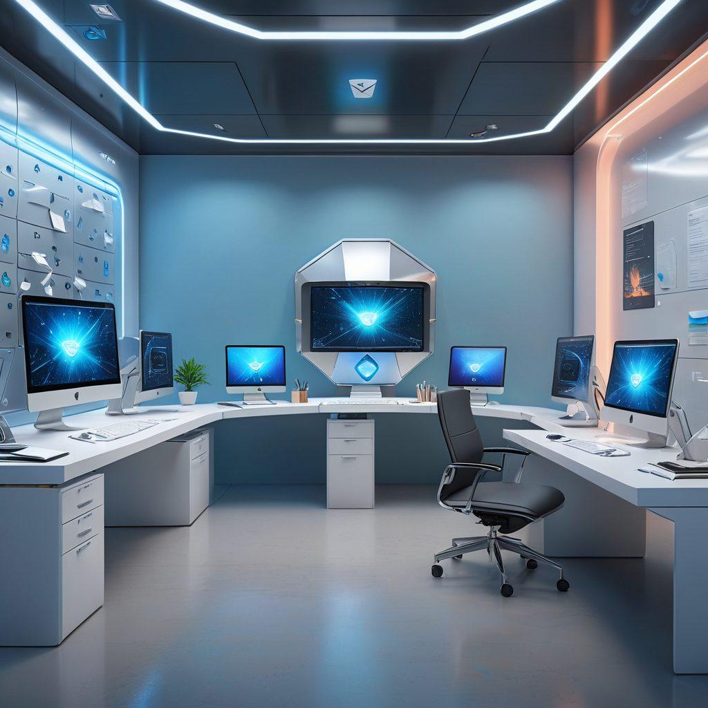 A futuristic office scene showcasing a sleek computer displaying the Rocketmail interface. Surrounding the computer are holographic security shields, a professional setting with minimalist decor, and digital mail seamlessly flowing into organized folders. The overall atmosphere should exude efficiency, security, and professionalism. super-realistic. vibrant colors. modern tech aesthetic.